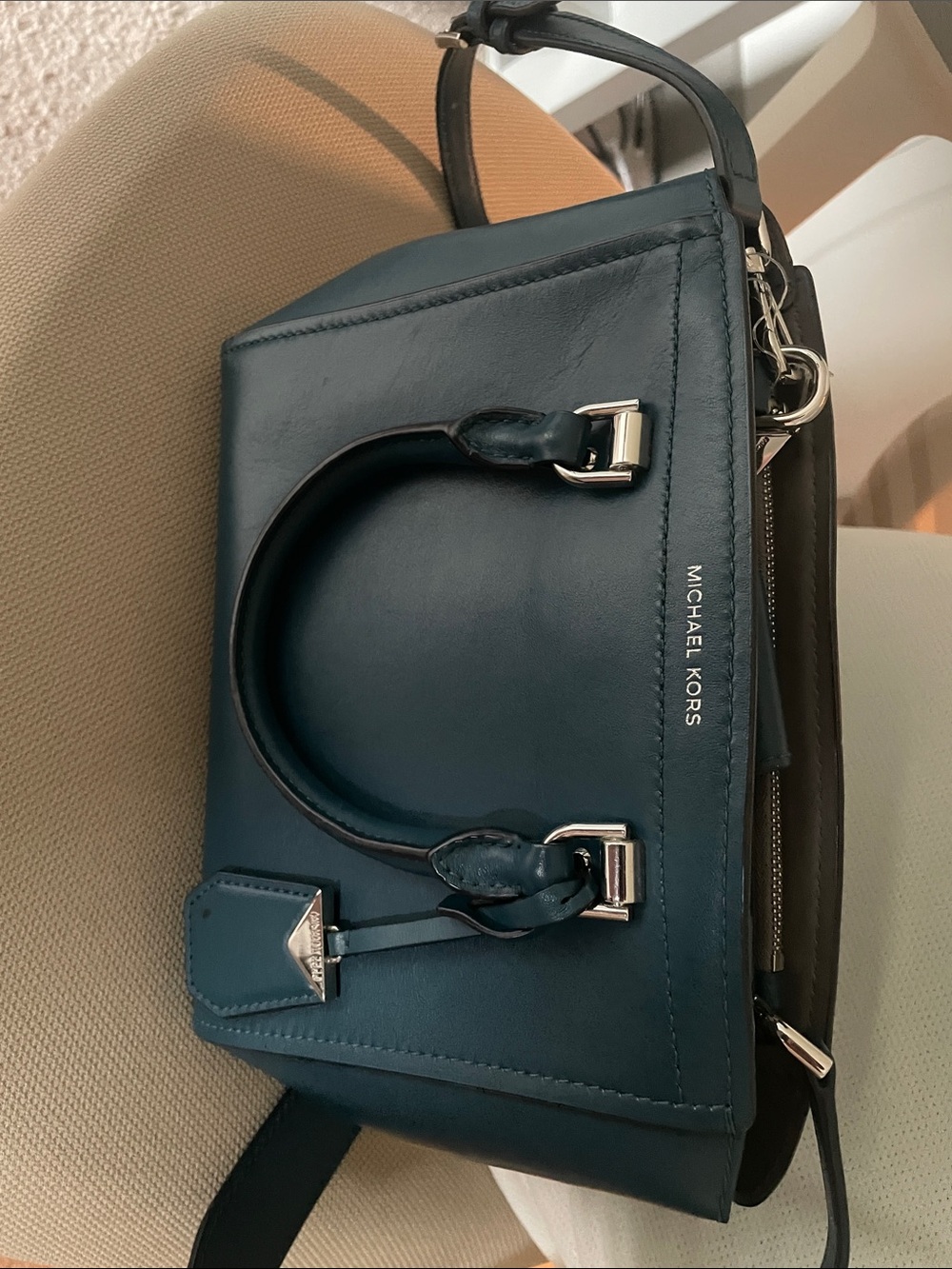 Michael Kors Teal Leather Satchel with Silver Hardware